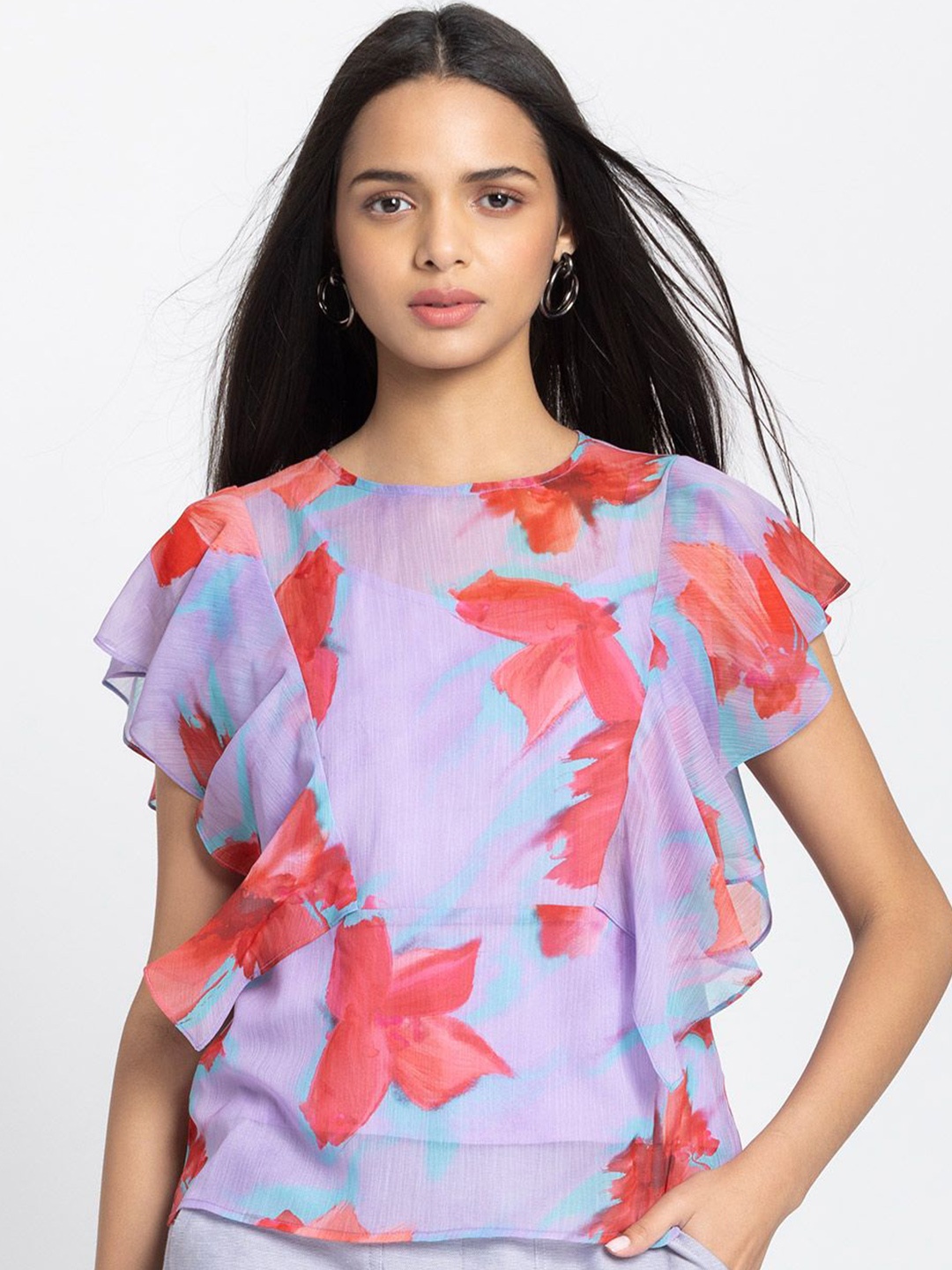 

SHAYE Floral Print Flared Sleeve Chiffon Top, Purple