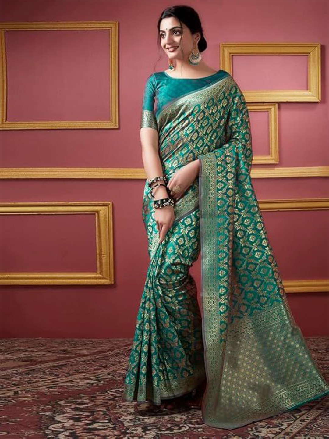 

Florence Woven Design Zari Pure Silk Kanjeevaram Saree, Teal
