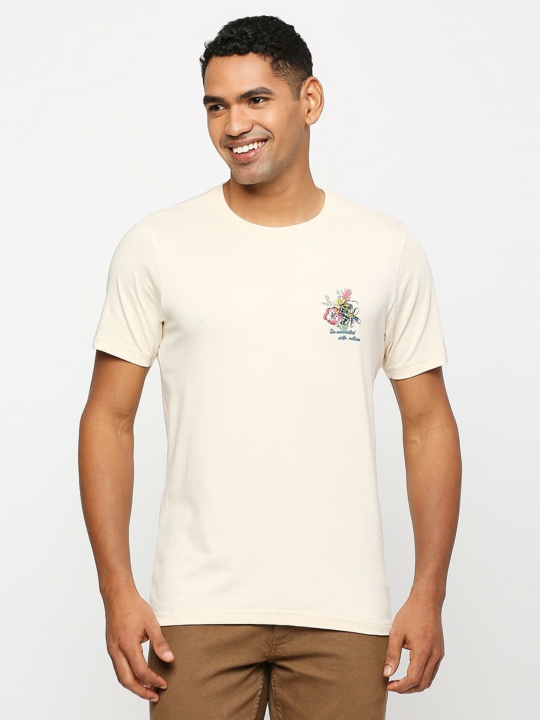 

Basics Men Floral Printed Round Neck Cotton T-shirt, Beige