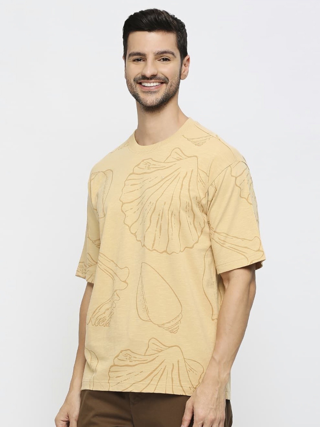 

Basics Men Floral Printed Round Neck Cotton Relaxed Fit T-shirt, Tan