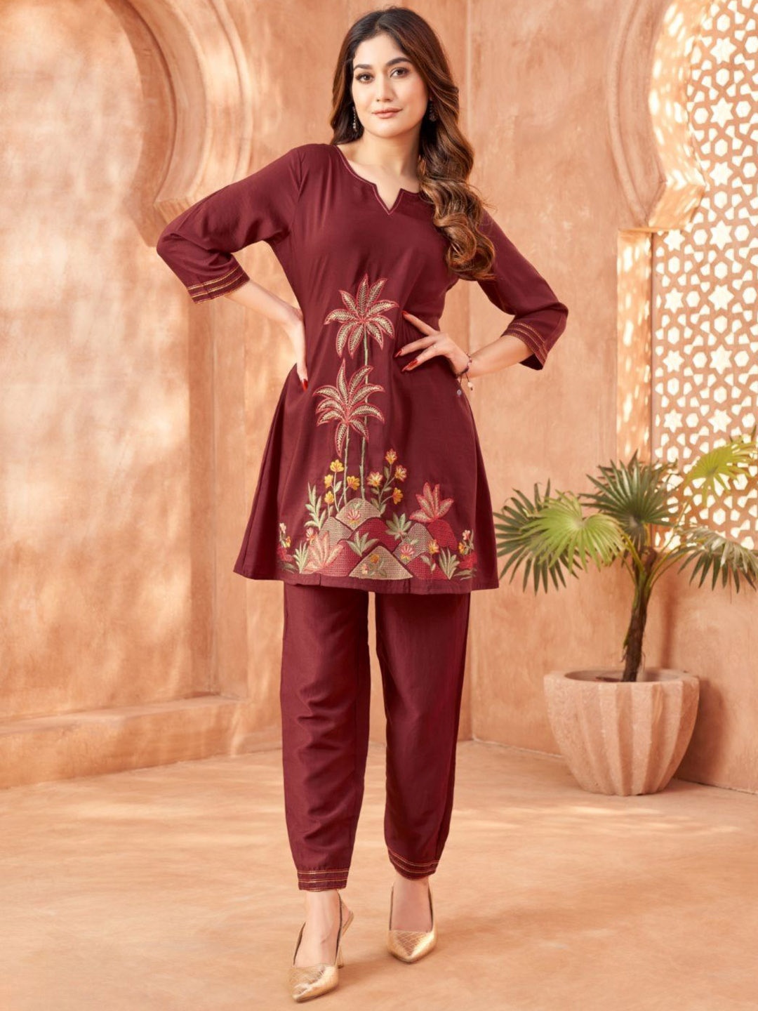 

Kaftanize Floral Multi-Color Thread Embroidered Chinon Tunic with Trouser, Maroon
