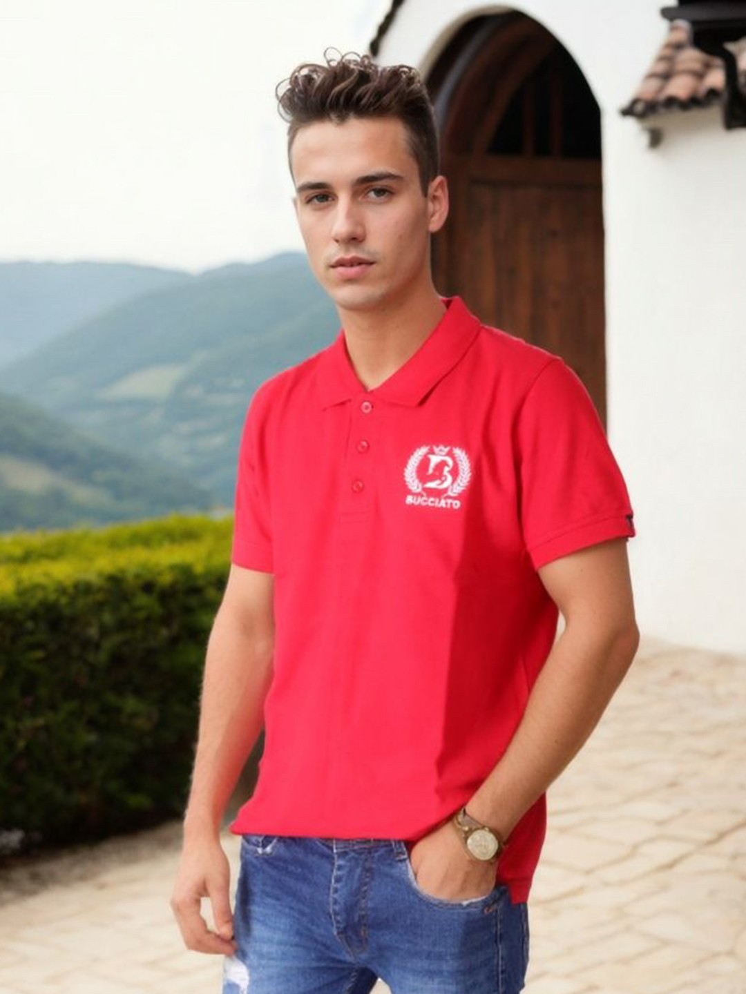 

Bucciato Private Limited Men Solid Polo Collar Cotton T-shirt, Red
