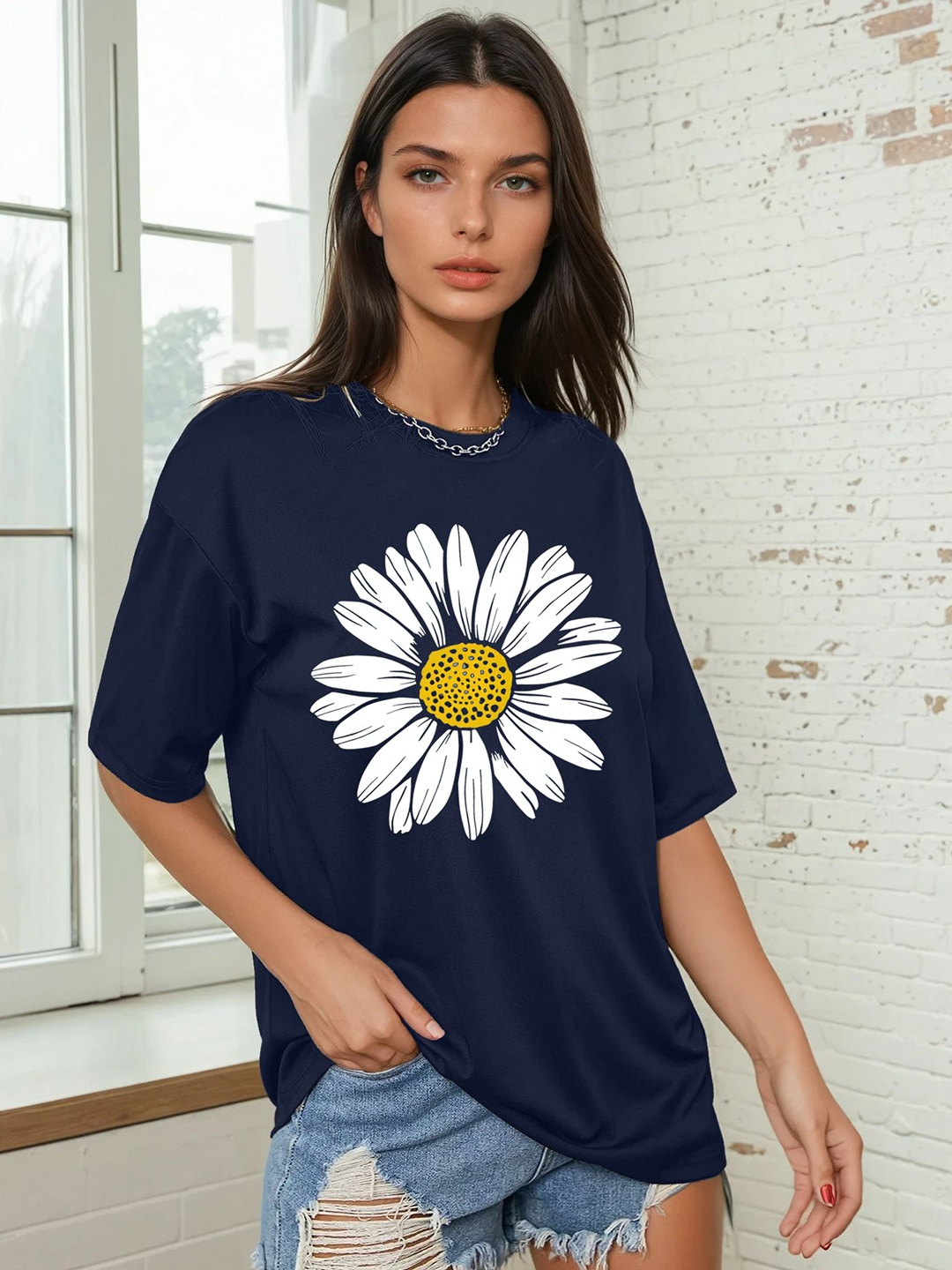 

CORSICA Women Floral Printed Round Neck Relaxed Fit T-shirt, Navy blue