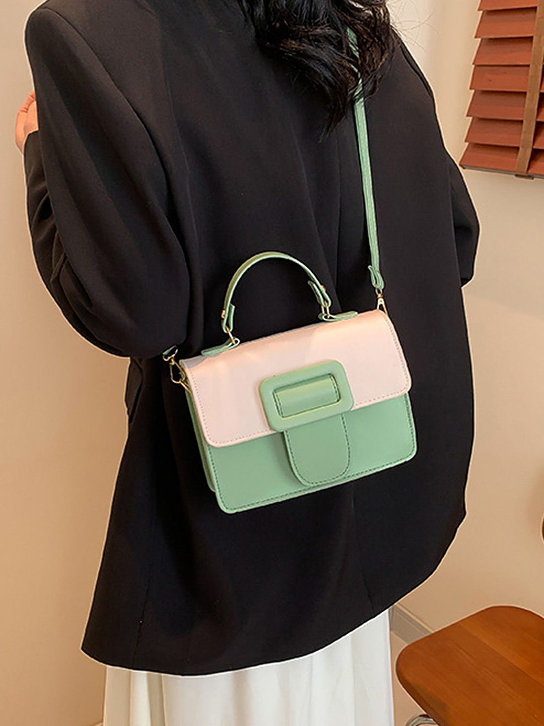 

LULU & SKY Colourblocked PU Structured Satchel with Cut Work, Green