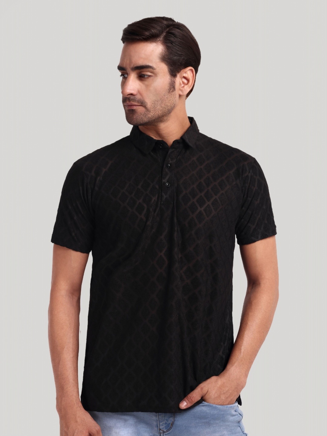 

Moda Rapido Men Self Design Polo Collar Cotton T-shirt, Black