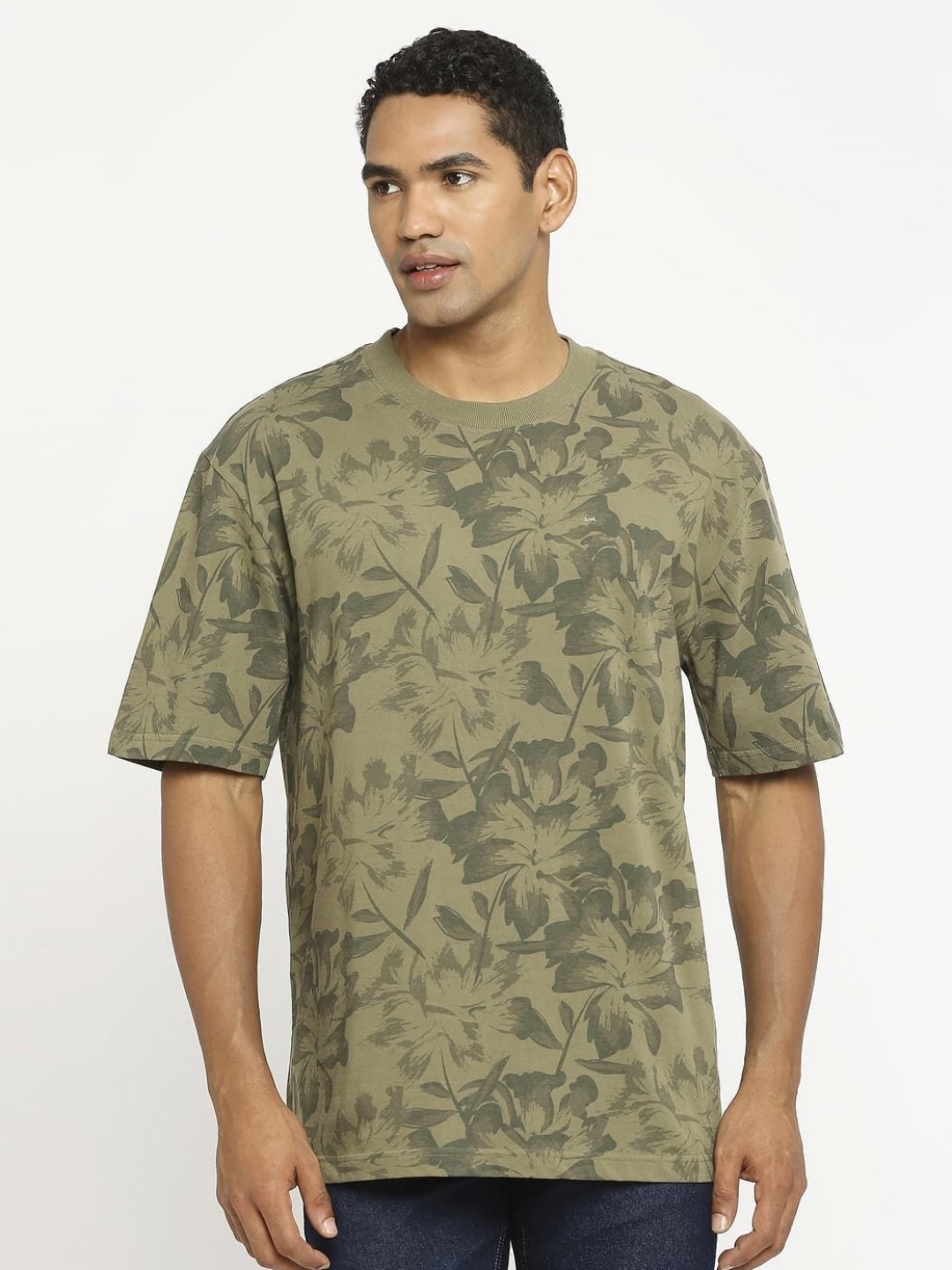 

Basics Men Floral Printed Round Neck Cotton Relaxed Fit T-shirt, Olive