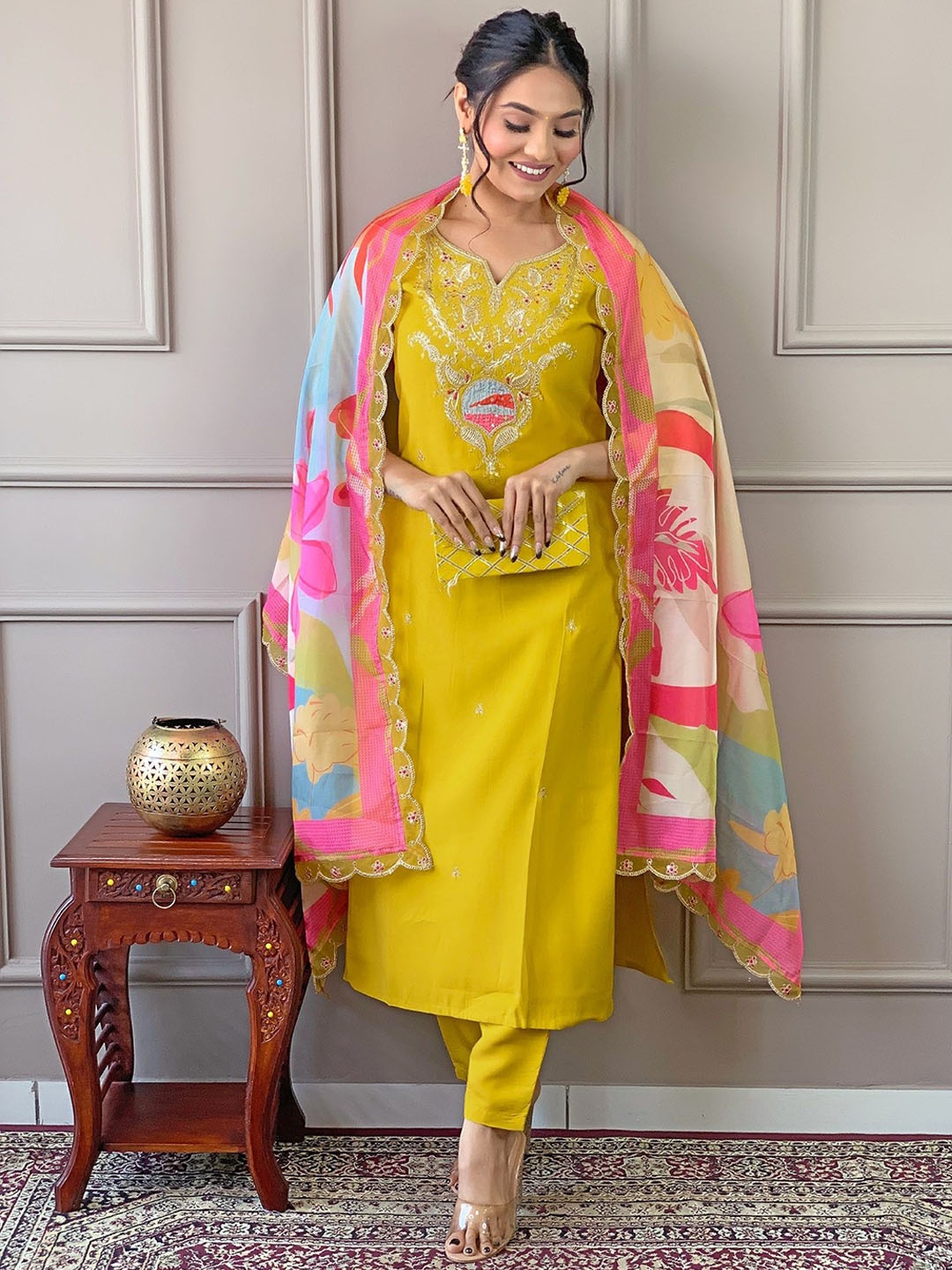 

KALINI Embroidered Notch Neck Kurta With Trousers & Dupatta, Mustard