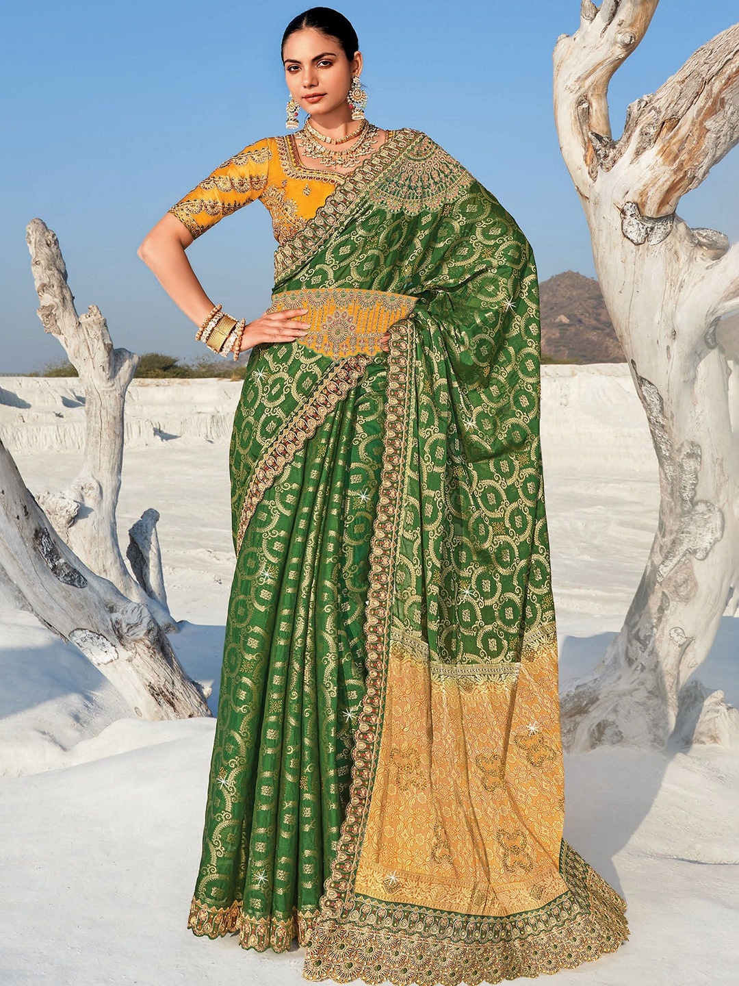 

MAHALASA Ethnic Motifs Zari Pure Georgette Saree, Green