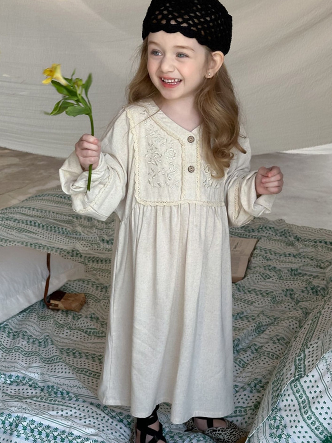 

LULU & SKY Girls V-Neck Puff Sleeve Shift Maxi Dress With Embroidered Detail, Beige