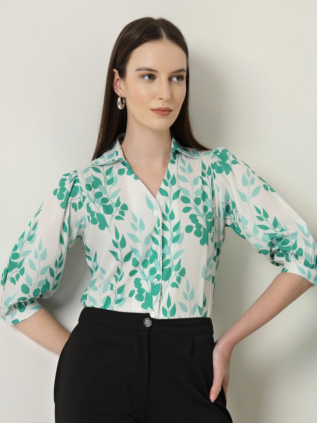

Style Quotient Women Smart Floral Opaque Printed Semiformal Shirt, Green