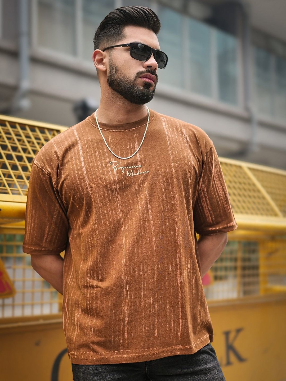 

Maniac Men Dyed Round Neck Cotton Oversized T-shirt, Brown