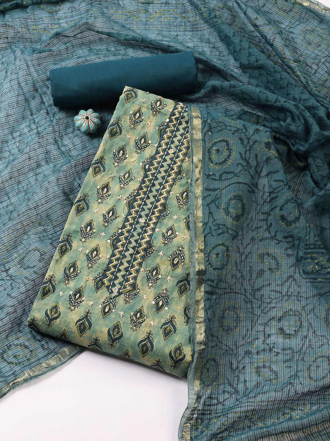

Meena Bazaar Floral Printed Unstitched Dress Material, Sea green