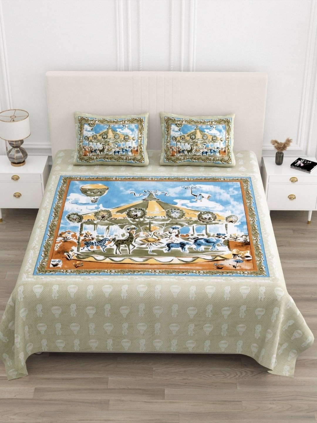 

JAIPUR FABRIC Green & Blue Floral 210 TC King Bedsheet with 2 Pillow Covers