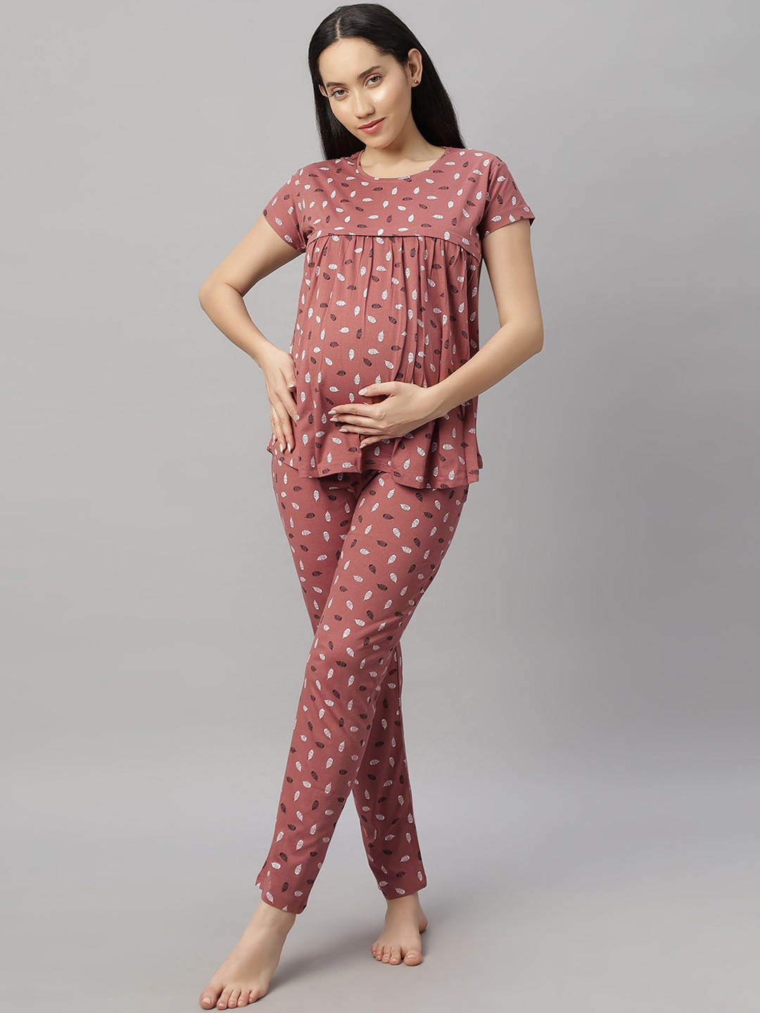 

DZZO Women Printed Night suit, Brown