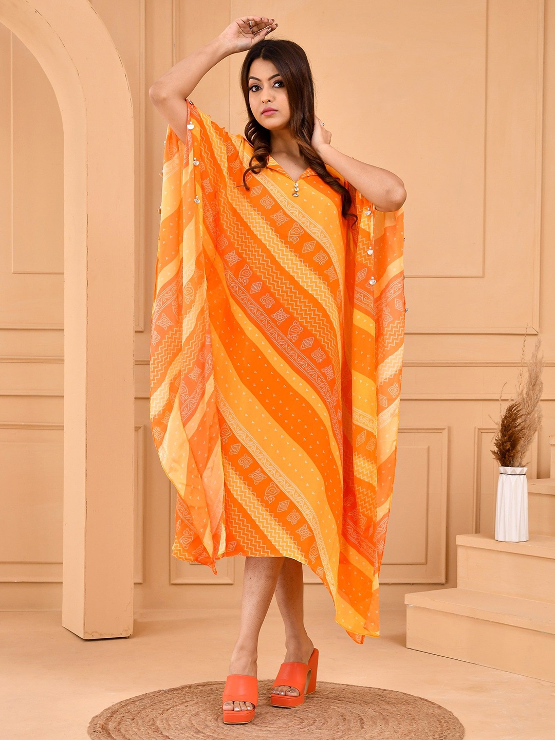 

DRESENCE Print Kimono Sleeve Kaftan Dress, Orange