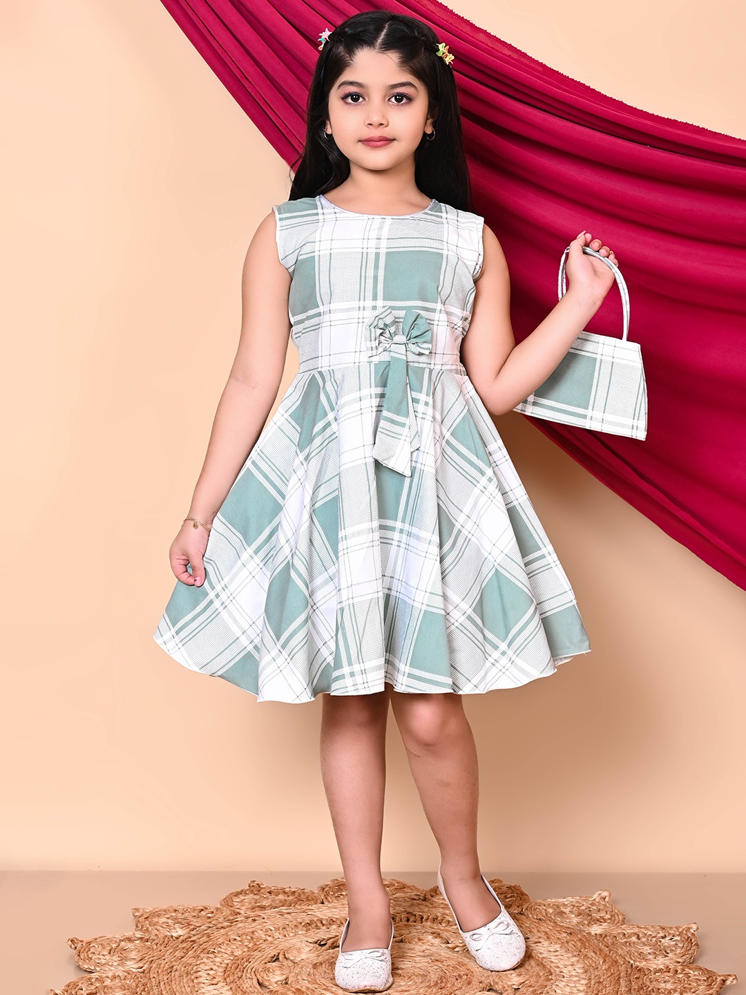 

BARKAT DESIGNING PLANET Girls Printed Cotton Fit And Flare Dress With Bag, White