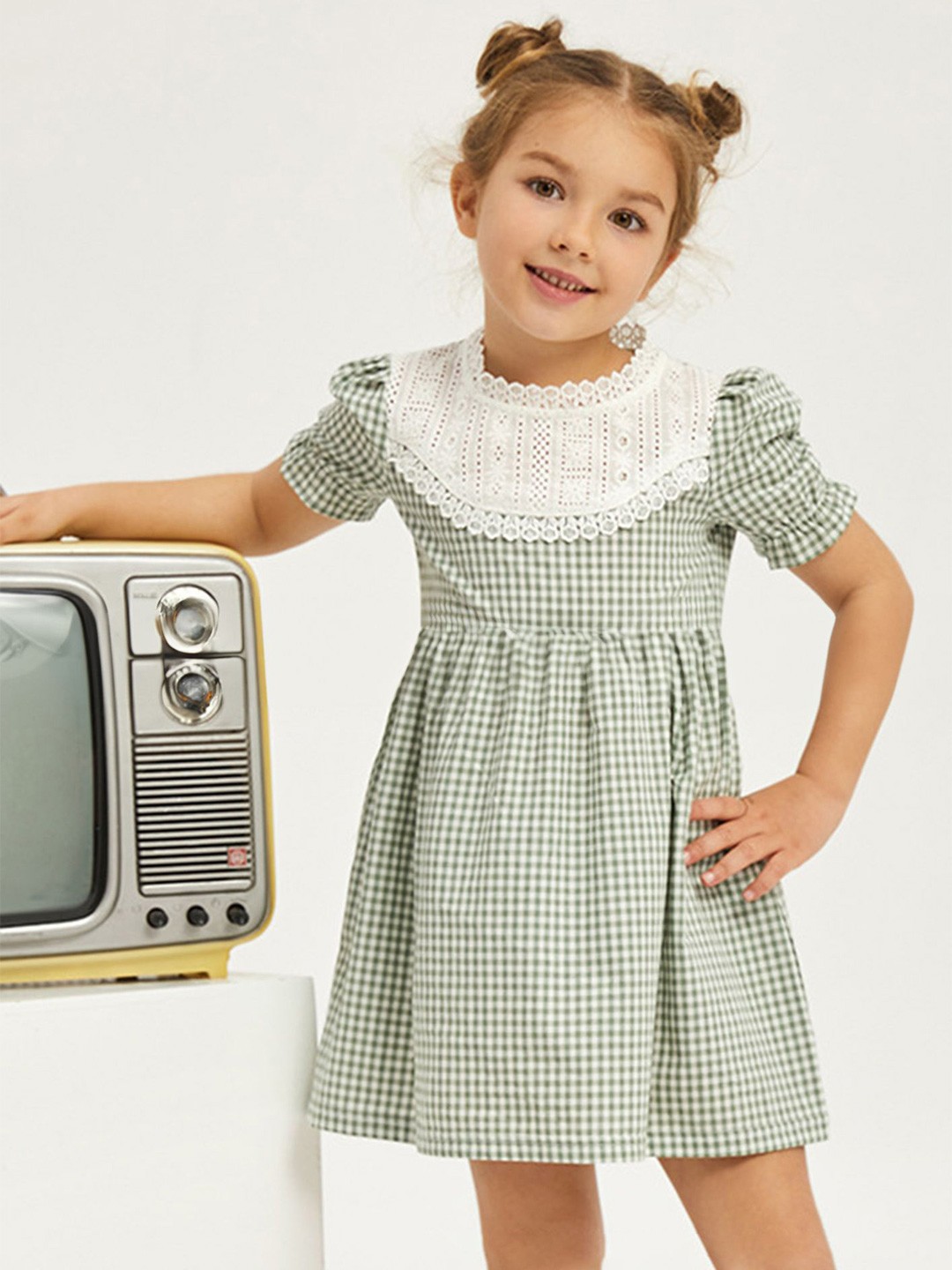 

LULU & SKY Girls Checked Cotton Fit & Flare Dress, Green