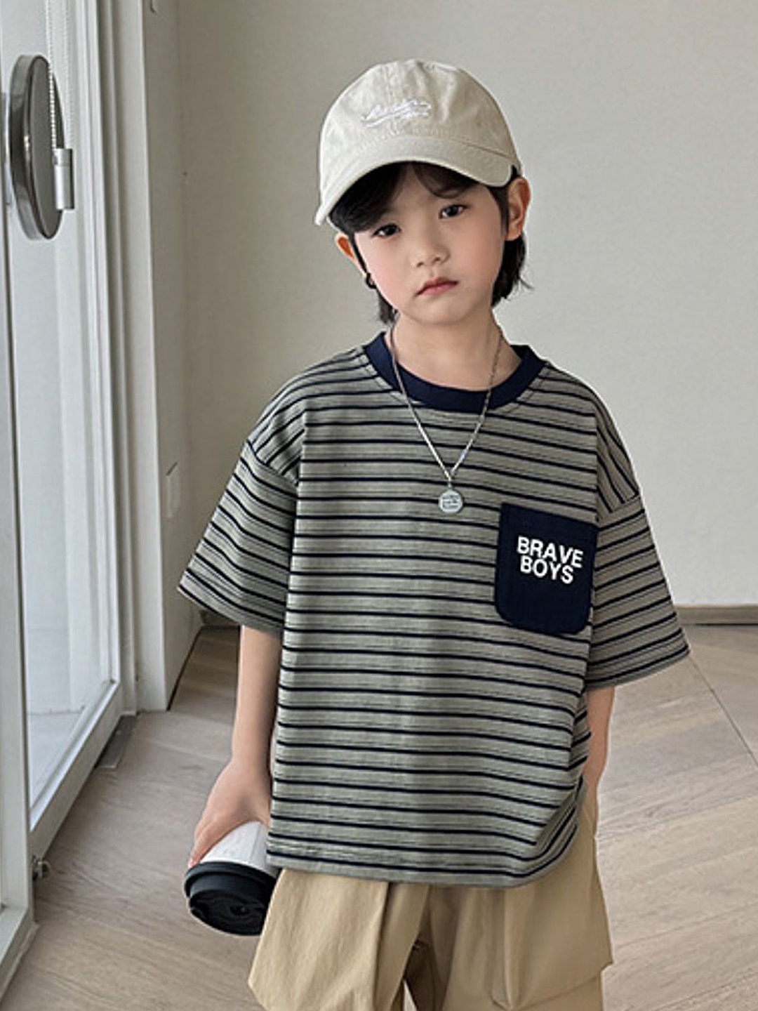 

LULU & SKY Boys Striped Round Neck Cotton T-shirt, Green