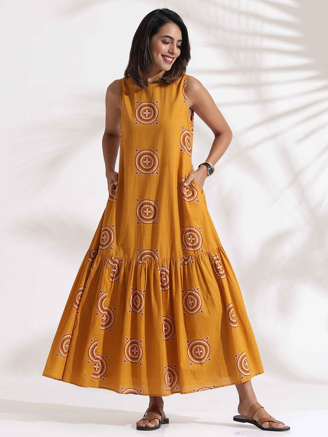 

trueBrowns Mustard Cotton Print Tier Dress