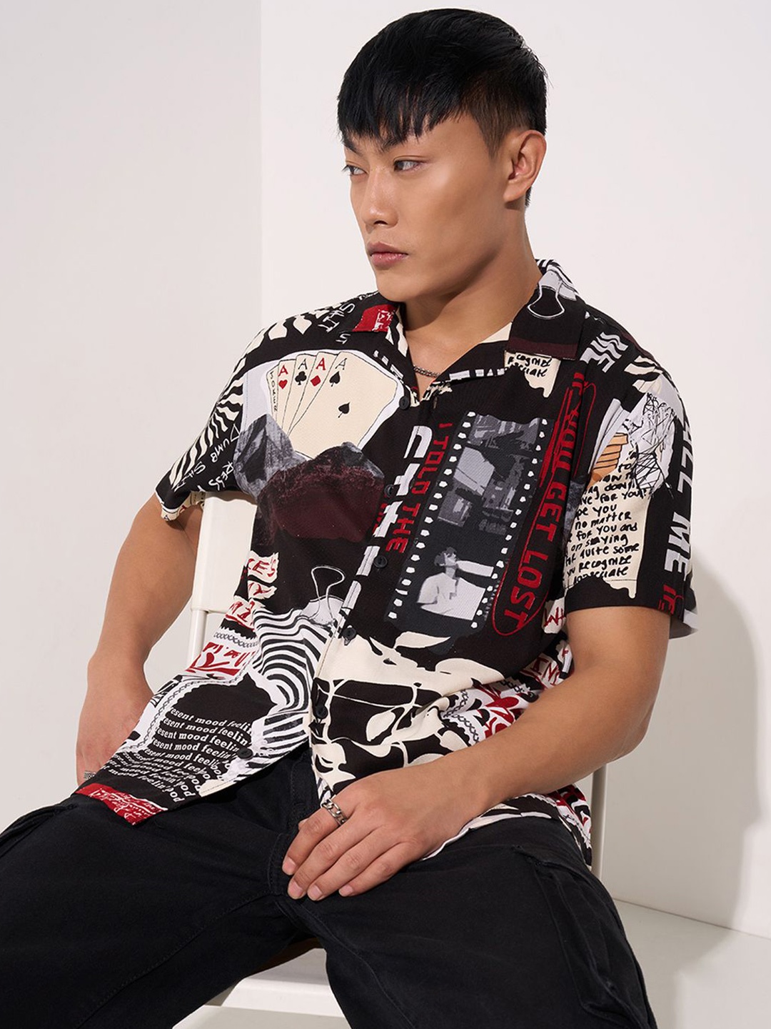 

People Men Slim Fit Opaque Printed Casual Shirt, Black