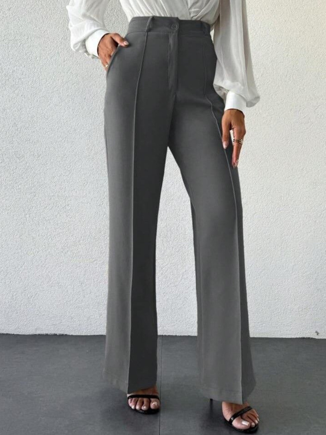 

Next One Women Smart Straight Fit High-Rise Easy Wash Pleated Trousers, Grey