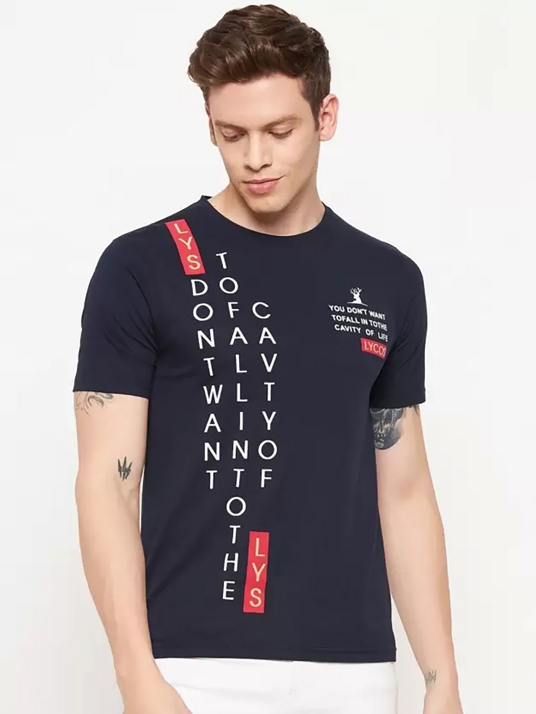 

LYCOS Men Typography Printed Round Neck Cotton T-shirt, Navy blue