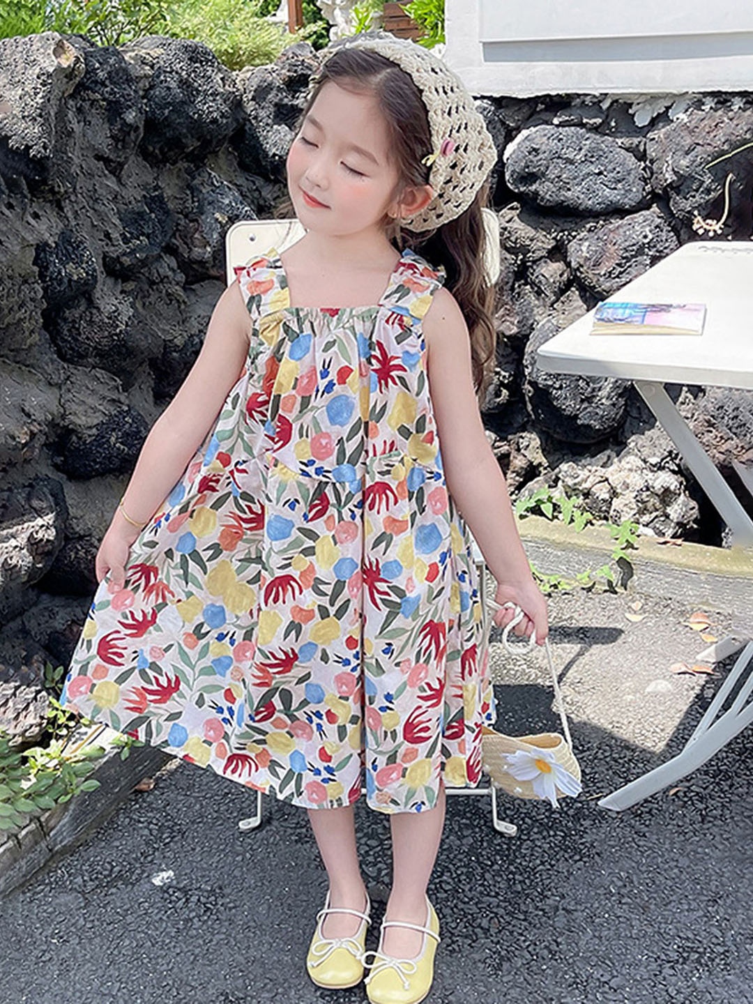 

LULU & SKY Girls Floral Print A-Line Dress With Bag, Beige