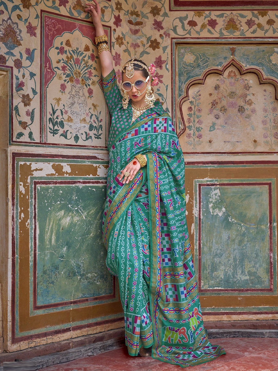 

MAHALASA Ethnic Motifs Pure Silk Handloom Patola Saree, Sea green