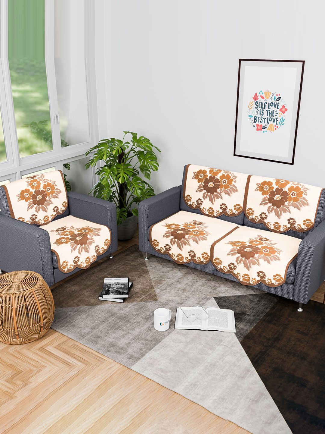 

Kuber Industries Cream-Coloured & Brown 6 Pieces Printed Cotton 3 Seater Sofa Covers