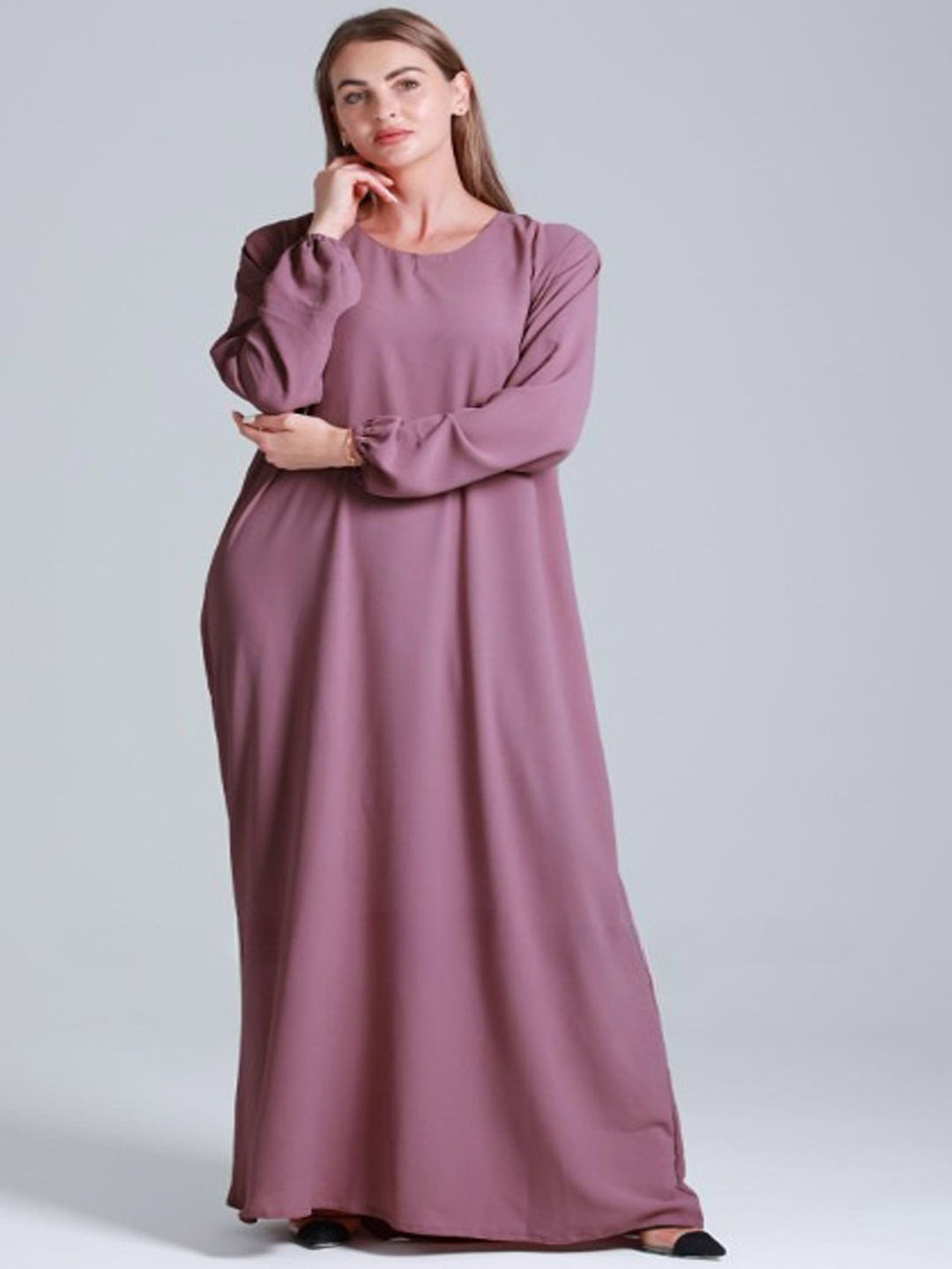 

BROKE BRAND Round Neck Long Puffed Sleeves Abaya, Pink