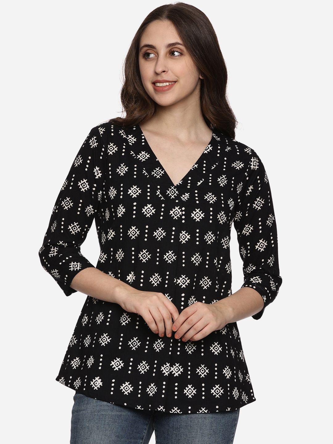 

Indyvarna Floral Cotton Top, Black