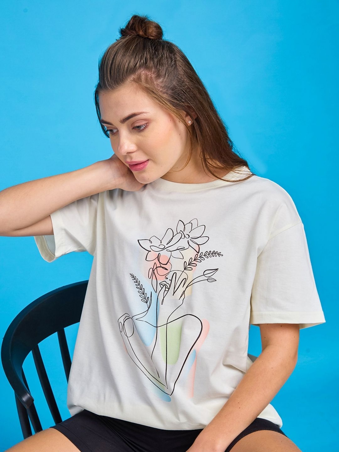 

Mast & Harbour Women Floral Printed Round Neck Cotton Oversized T-shirt, Off white