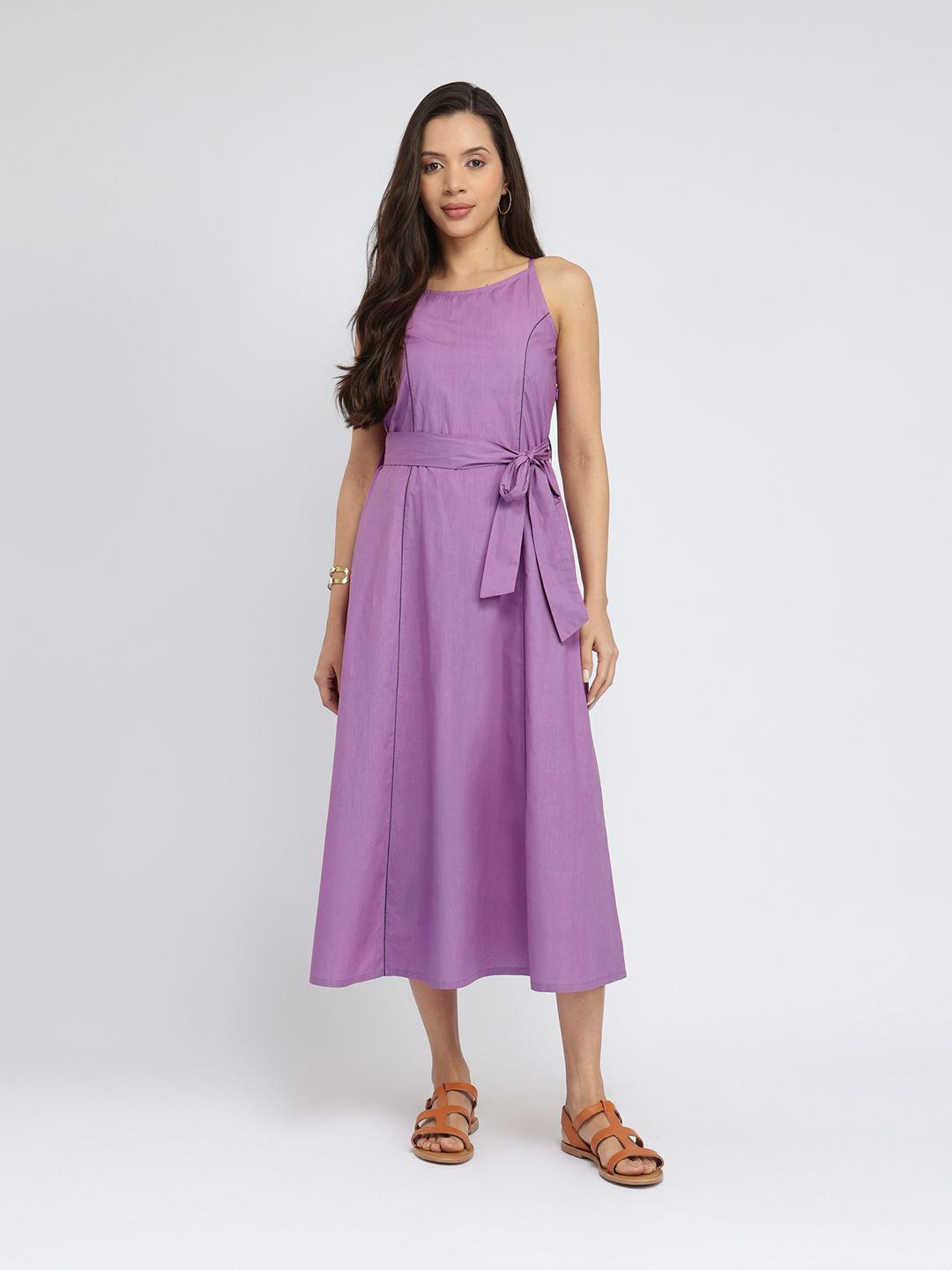 

Pink Fort Women Midi A-Line Cotton Solid Sleeveless Dress With Belt - Purple