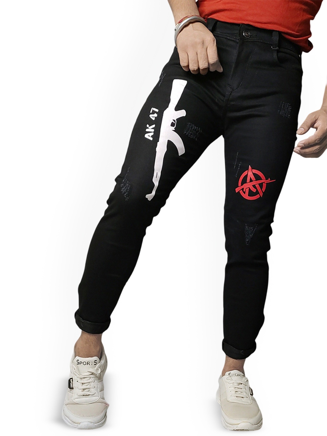 

styzon Men Jean Slim Fit Mid-Rise Mildly Distressed Printed Cotton Jeans, Black