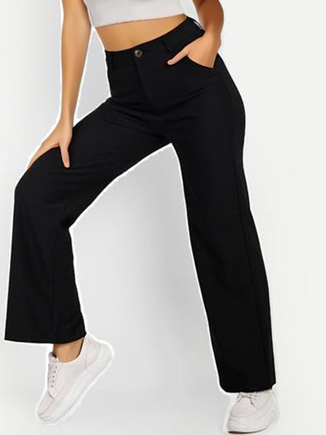 

FNOCKS Women Classic Loose Fit High-Rise Trousers, Black