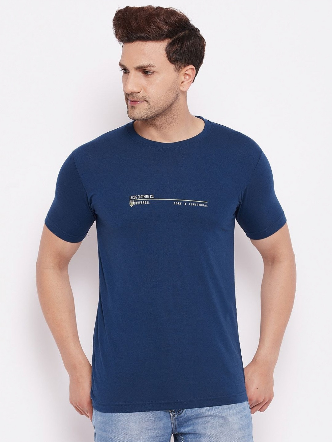 

LYCOS Men Typography Printed Round Neck Cotton T-shirt, Navy blue