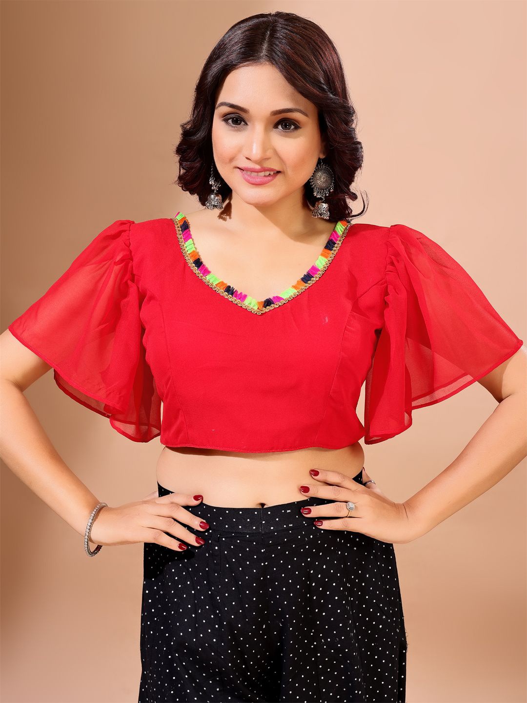 

freelax Women Ruffle Sleeves with Lace V- Neck Saree Blouse, Red
