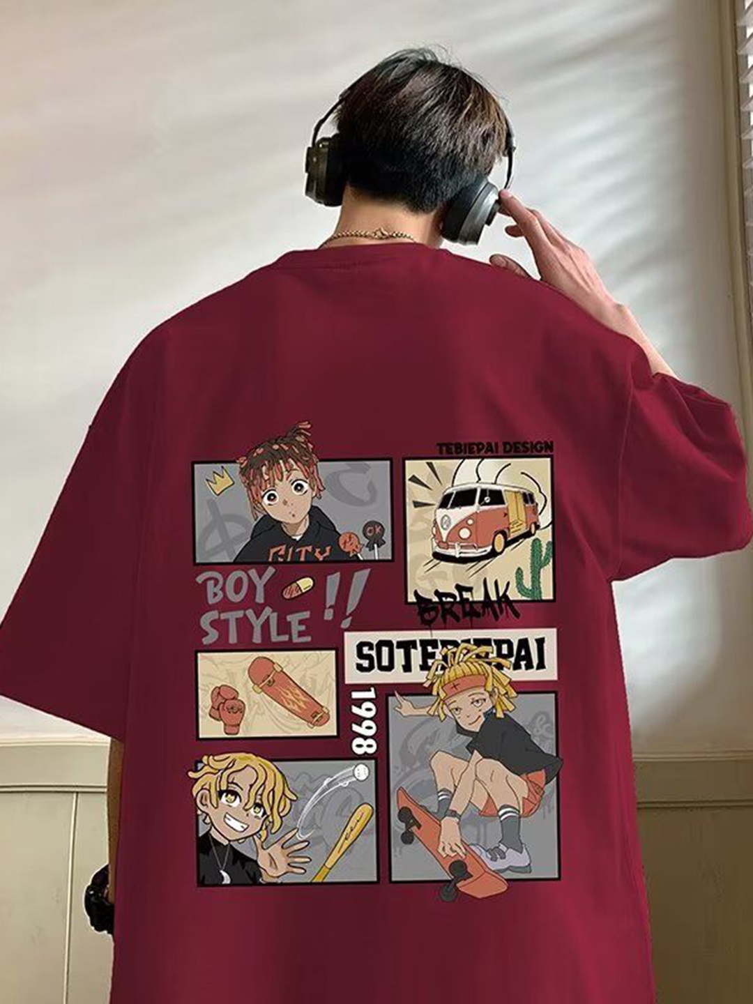 

HERE&NOW Men Graphic Printed Round Neck Cotton Oversized T-shirt, Maroon