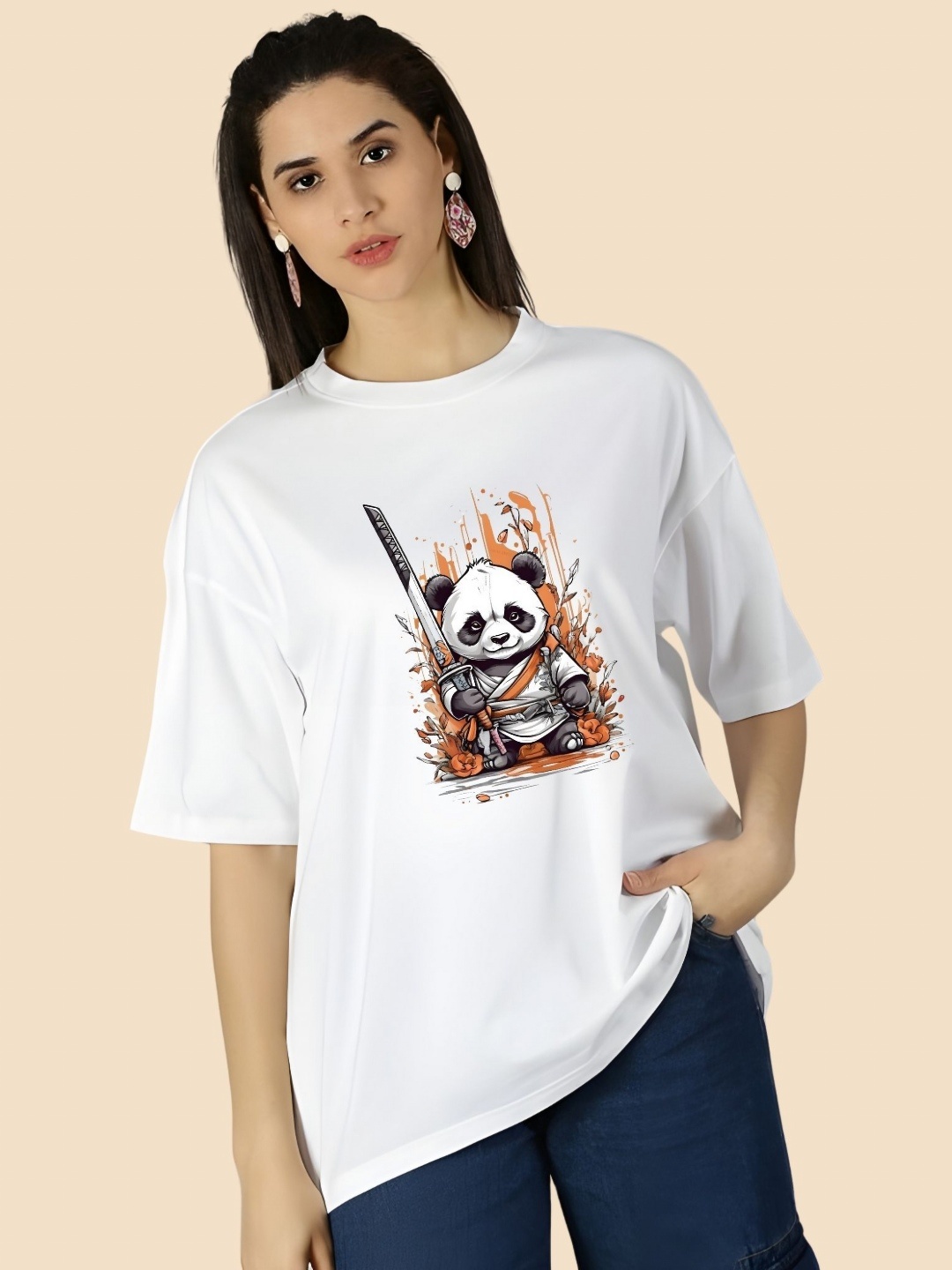 

SZN Women Typography Printed Round Neck Cotton Oversized T-shirt, White