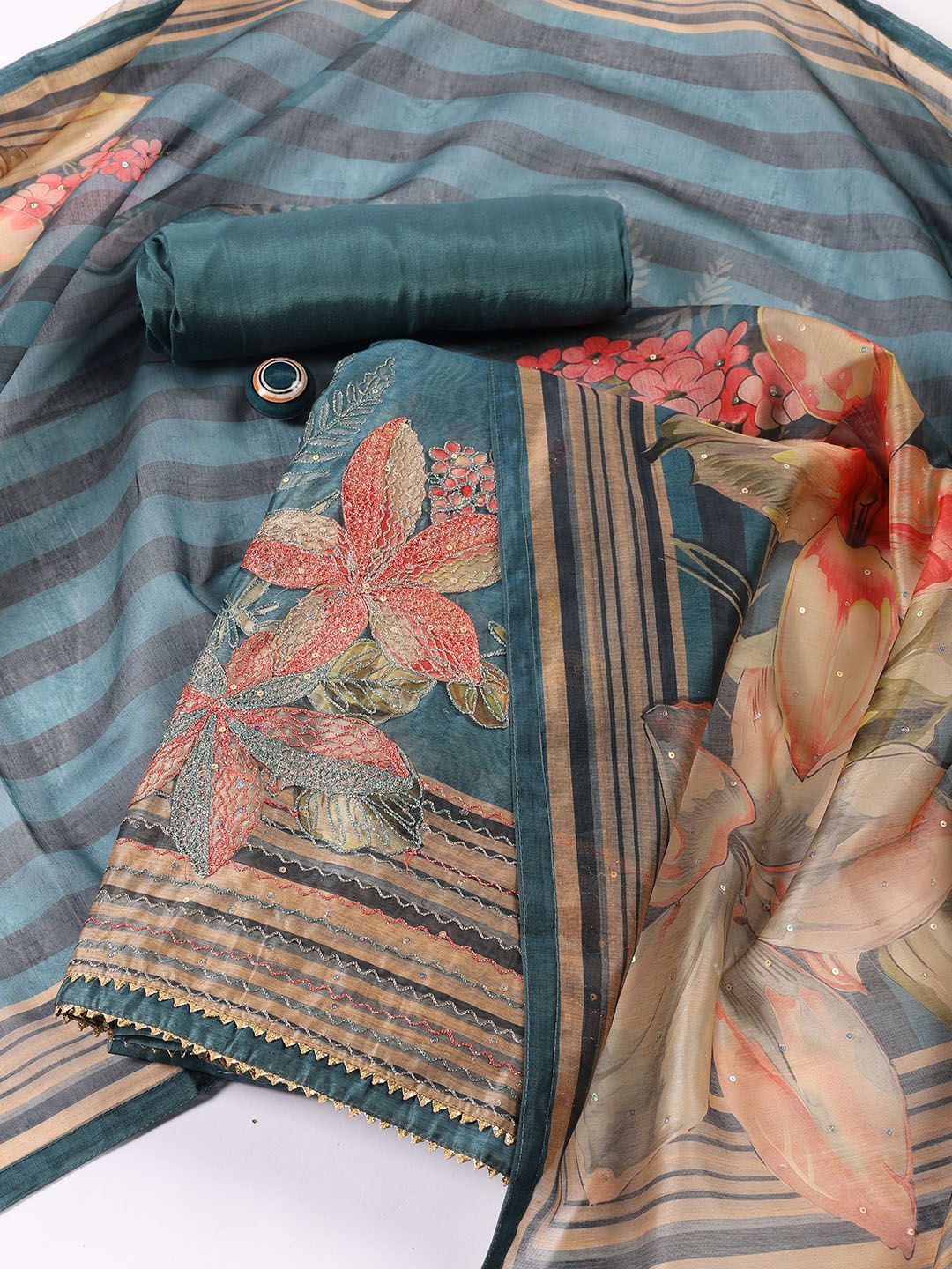 

Meena Bazaar Floral Printed Zari Chanderi Silk Unstitched Dress Material, Blue