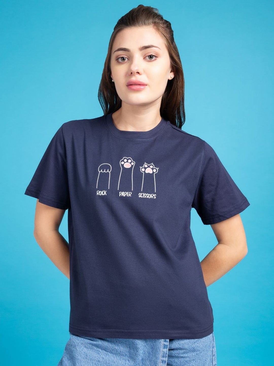 

Mast & Harbour Women Graphic Printed Round Neck Cotton T-shirt, Navy blue