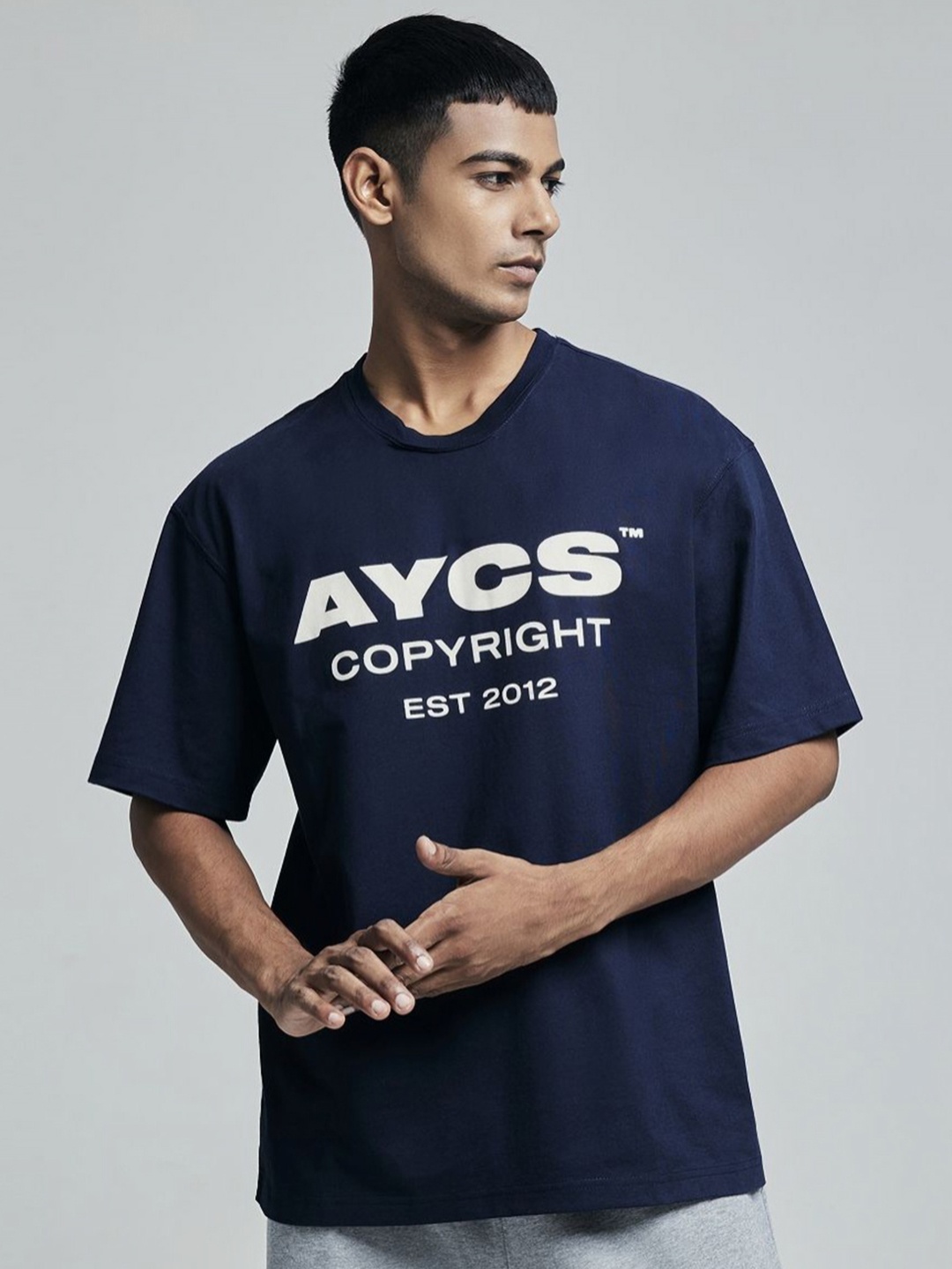 

AYCS Men Typography Printed Round Neck Cotton Oversized T-shirt, Navy blue