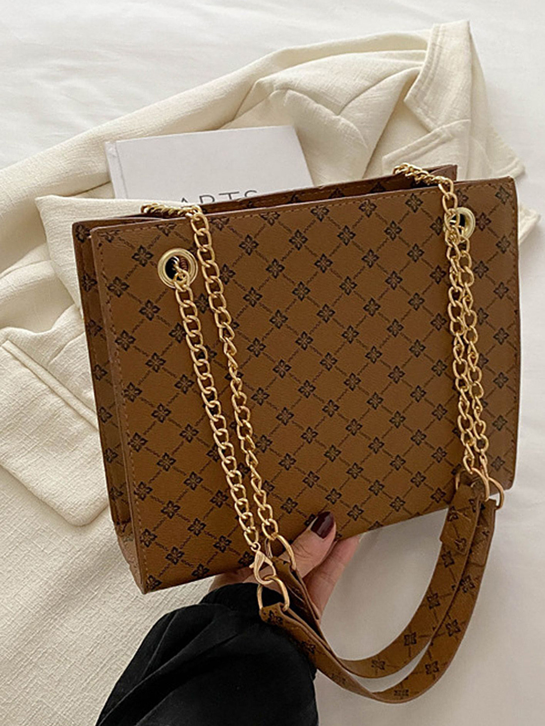 

LULU & SKY Textured PU Structured Satchel with Cut Work, Brown