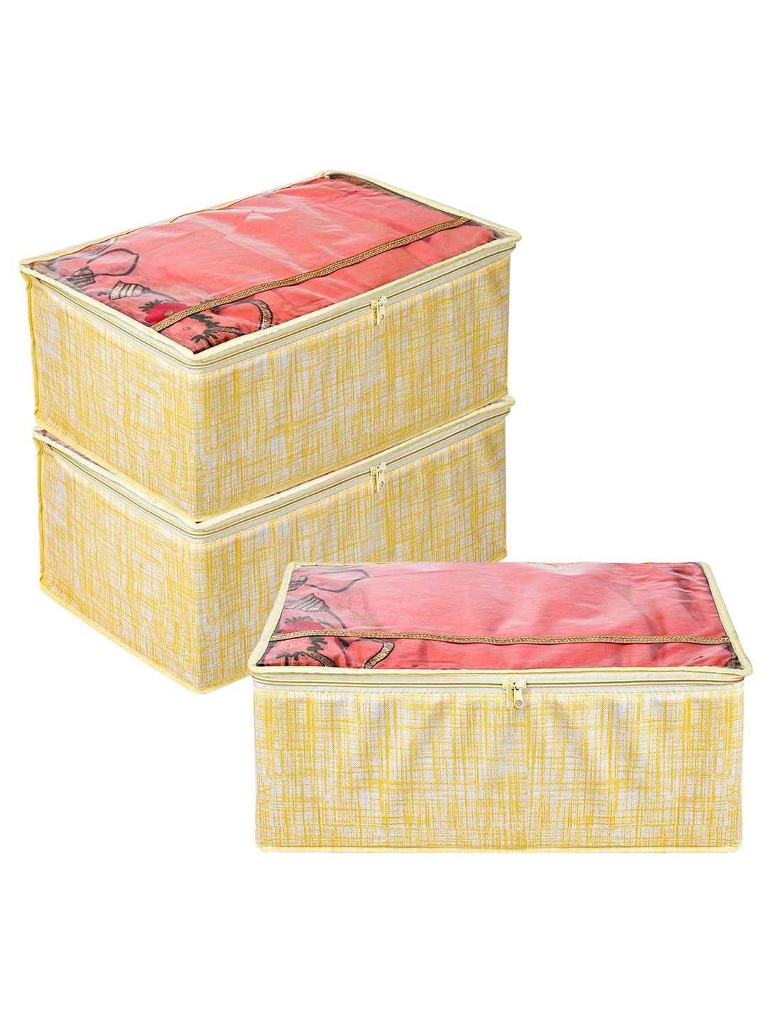 

Kuber Industries Yellow Pack of 3 Jute-Printed With Top Visible Window Organisers