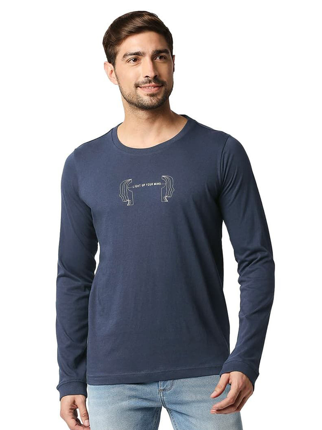 

Basics Men Graphic Printed Round Neck Cotton T-shirt, Navy blue