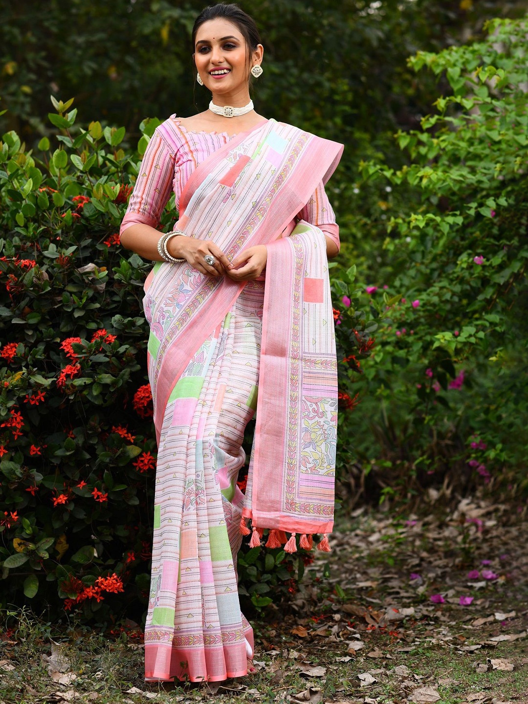 

DIVASTRI Ethnic Motifs Linen Blend Saree, Pink