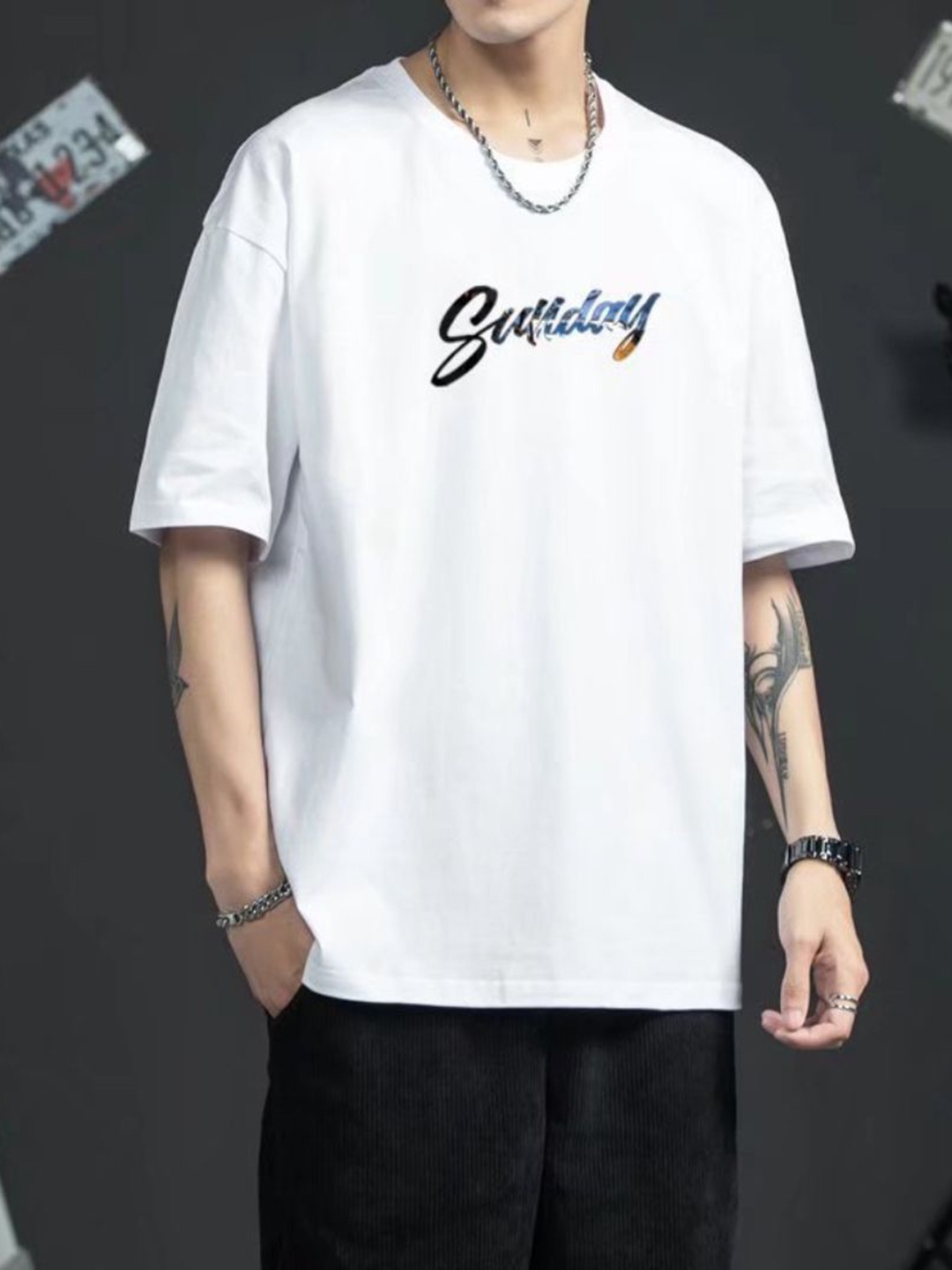 

StyleCast Men Graphic Printed Round Neck Cotton Oversized T-shirt, White