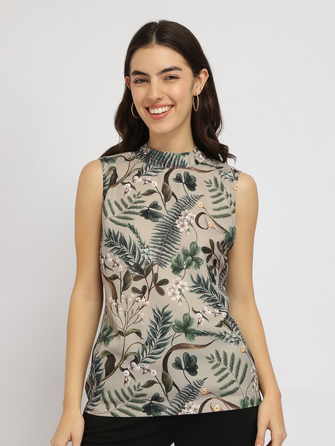 

FableStreet Floral High Neck Top - Beige