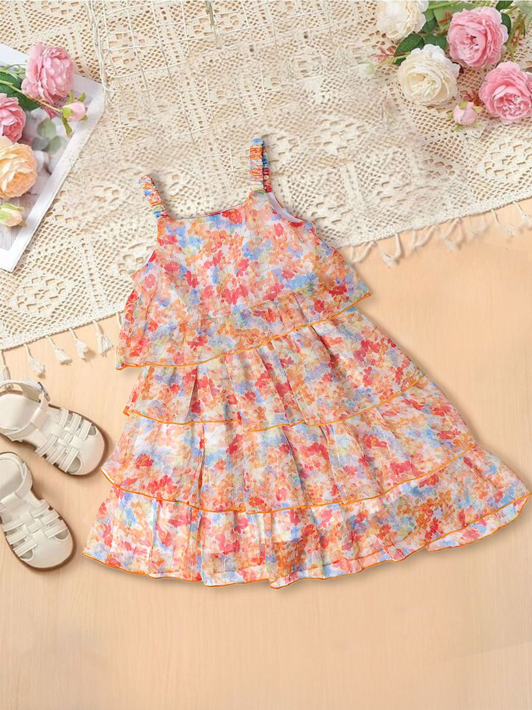

pspeaches Girls Floral Printed Fit & Flare Knee Length Dress, Yellow