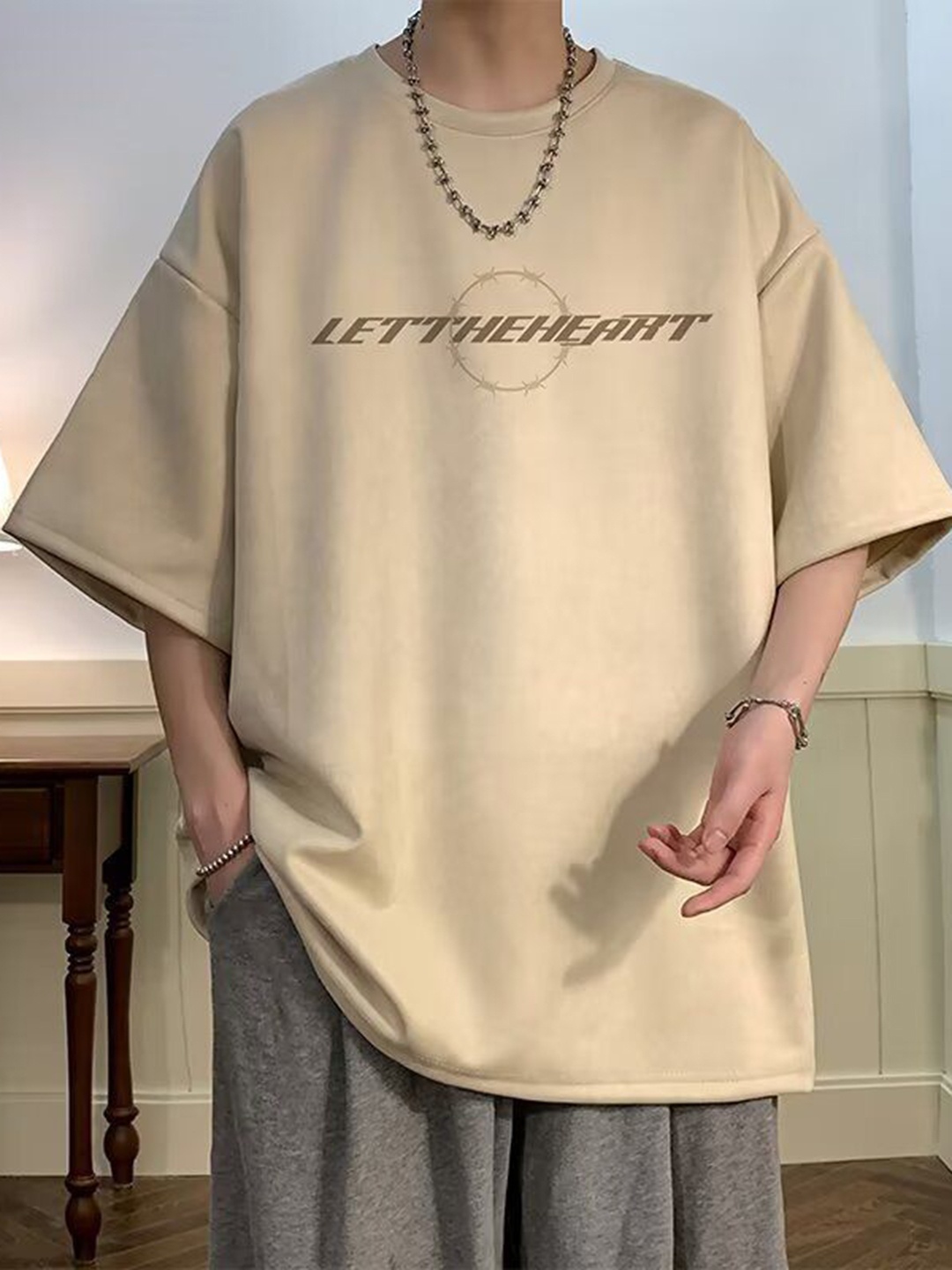 

HERE&NOW Men Typography Printed Round Neck Oversized T-shirt, Beige